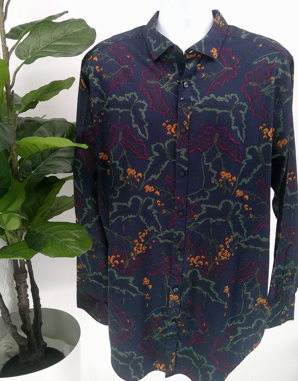 Murano Liquid Luxury Mens Dark Blue Leaves Fall Autumn Button Up Shirt Size 2XT